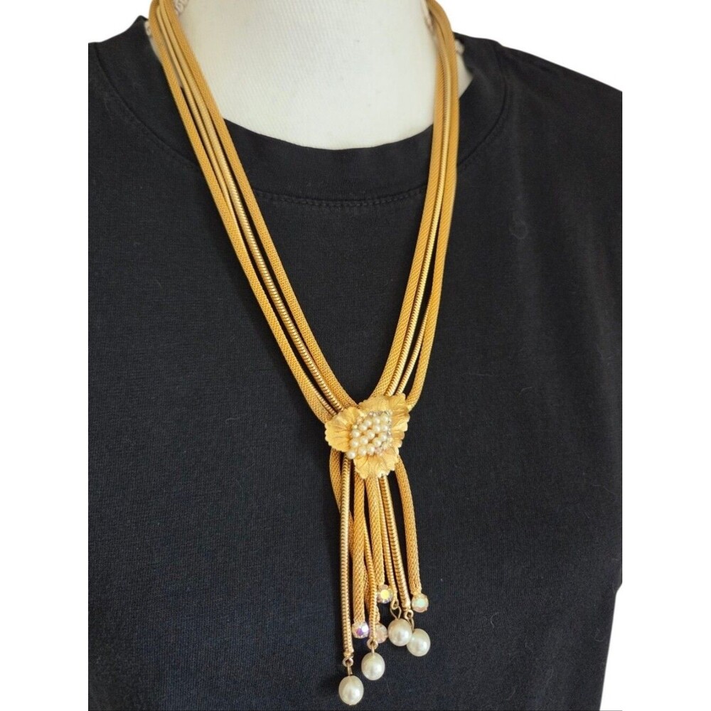 vintage unsigned alice caviness multi-strand gold mesh statement necklace
